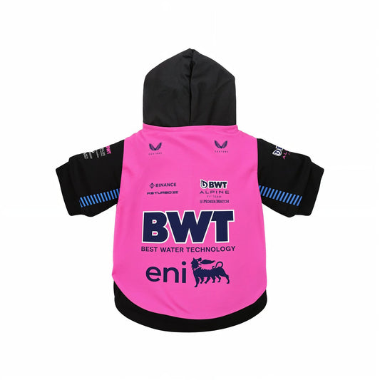 Alpine 2025 BWT F1 pet hoodie back view pink and black with BWT and eni team logos