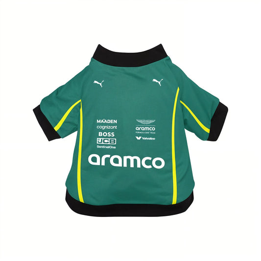 Aston Martin 2025 Aramco F1 pet shirt back view flat lay green with yellow trim and aramco print