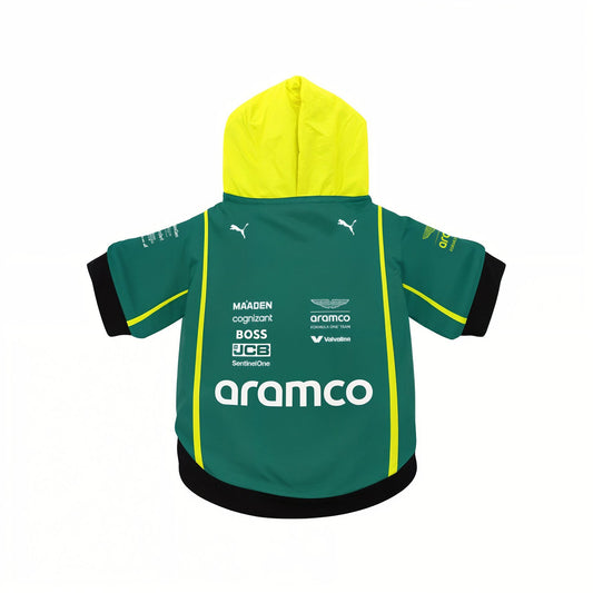 Aston Martin 2025 pet hoodie back view with yellow hood, aramco branding and F1 team sponsor logos
