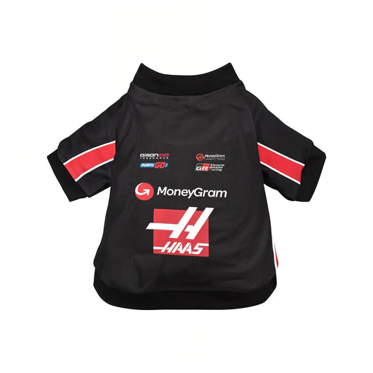 Haas 2025 F1 pet shirt back view flat lay with red HAAS logo and MoneyGram sponsor print