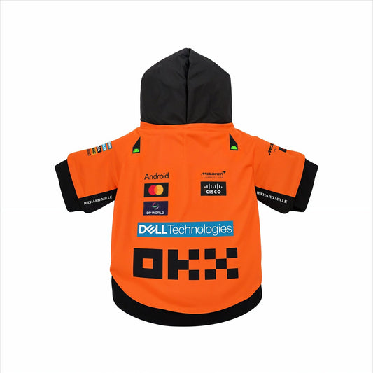 McLaren 2025 F1 pet hoodie back view orange black with OKX Dell Cisco sponsor logos product shot