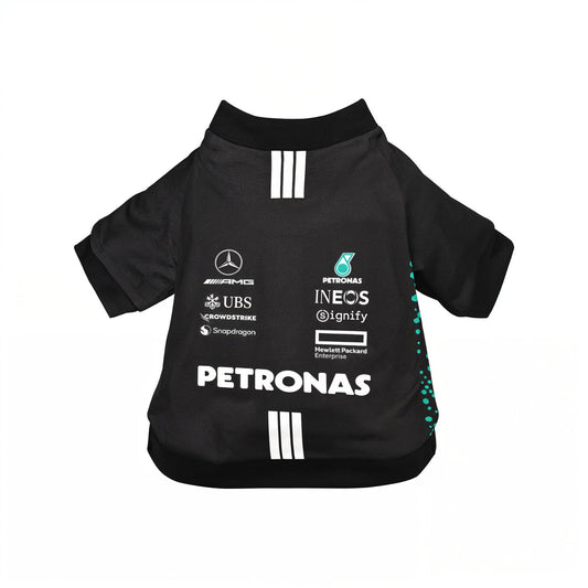 Mercedes 2025 AMG Petronas F1 pet shirt back view with sponsor logos on white background