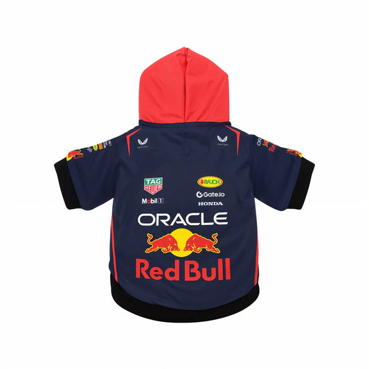 Red Bull Racing dog hoodie flat lay, back view - navy body, red hood, black cuffs and hem, full 2025 sponsor logo layout