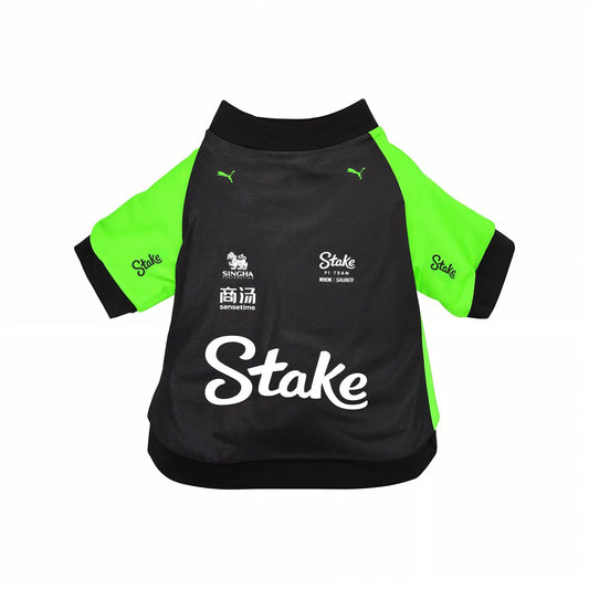 Stake F1 2025 pet shirt back view black with green sleeves and white Stake logo