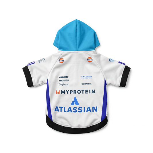 Williams Racing 2025 pet hoodie back view blue hood white body with Atlassian and sponsor logos