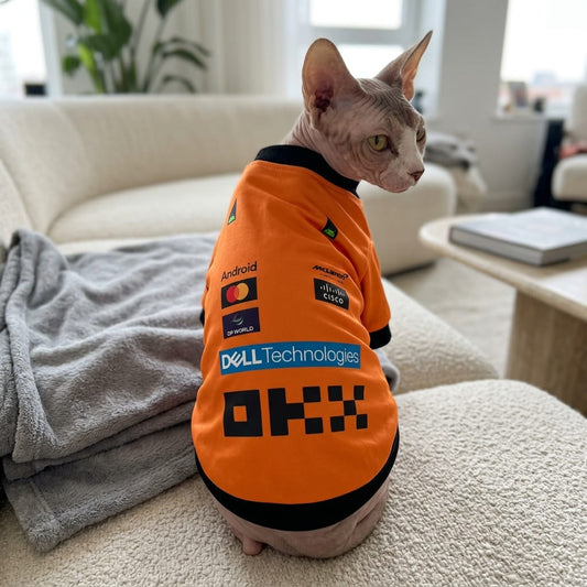 Sphynx cat on a cream couch in an orange McLaren F1 pet shirt with OKX, Dell and Mastercard sponsor logos