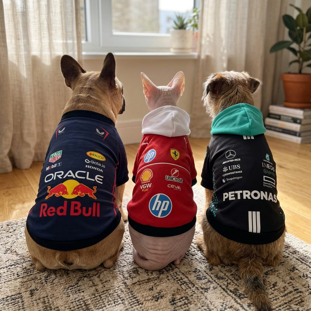 two dogs and a cat dressed in red bull, ferrari and mercedes hoodies and shirt sitting in a cozy living room facing away from the camera