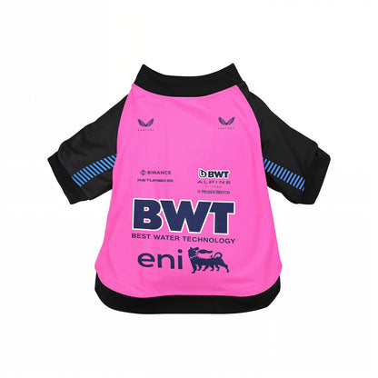 Alpine 2025 BWT F1 pink pet shirt back view flat lay with eni, Binance and team sponsor logos