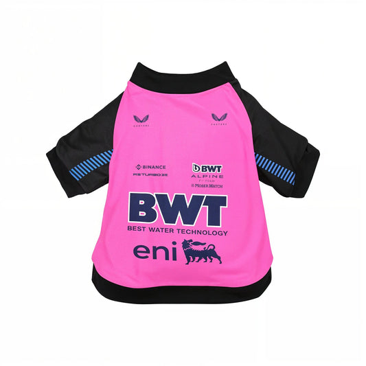 Alpine 2025 BWT F1 pink pet shirt back view flat lay with eni, Binance and team sponsor logos