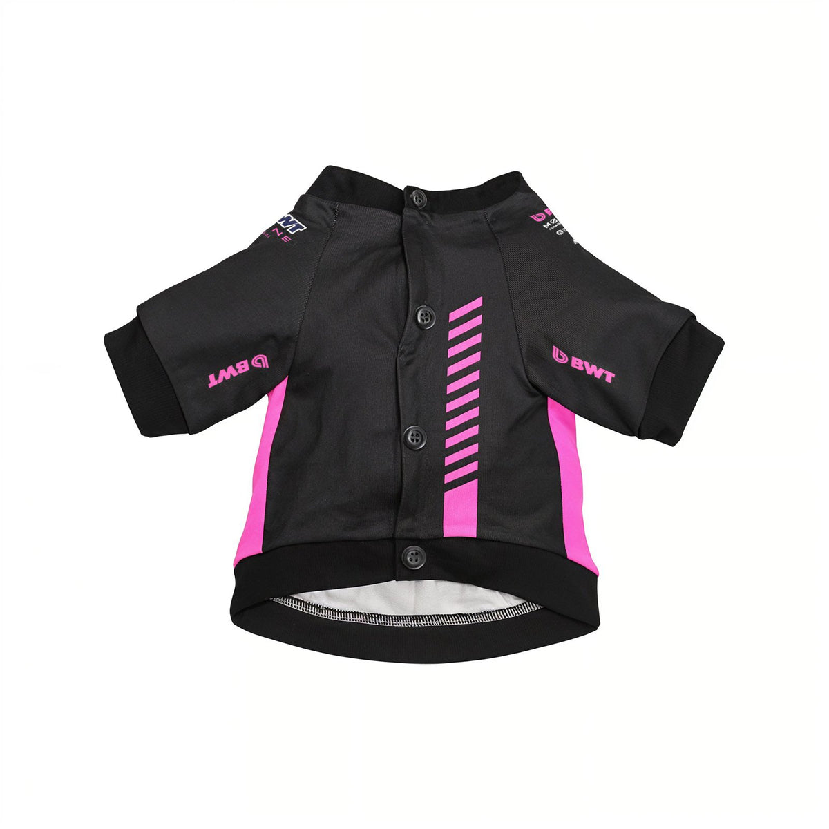Alpine 2025 BWT F1 pet shirt front view flat lay, black with pink side panels and BWT sleeve logos