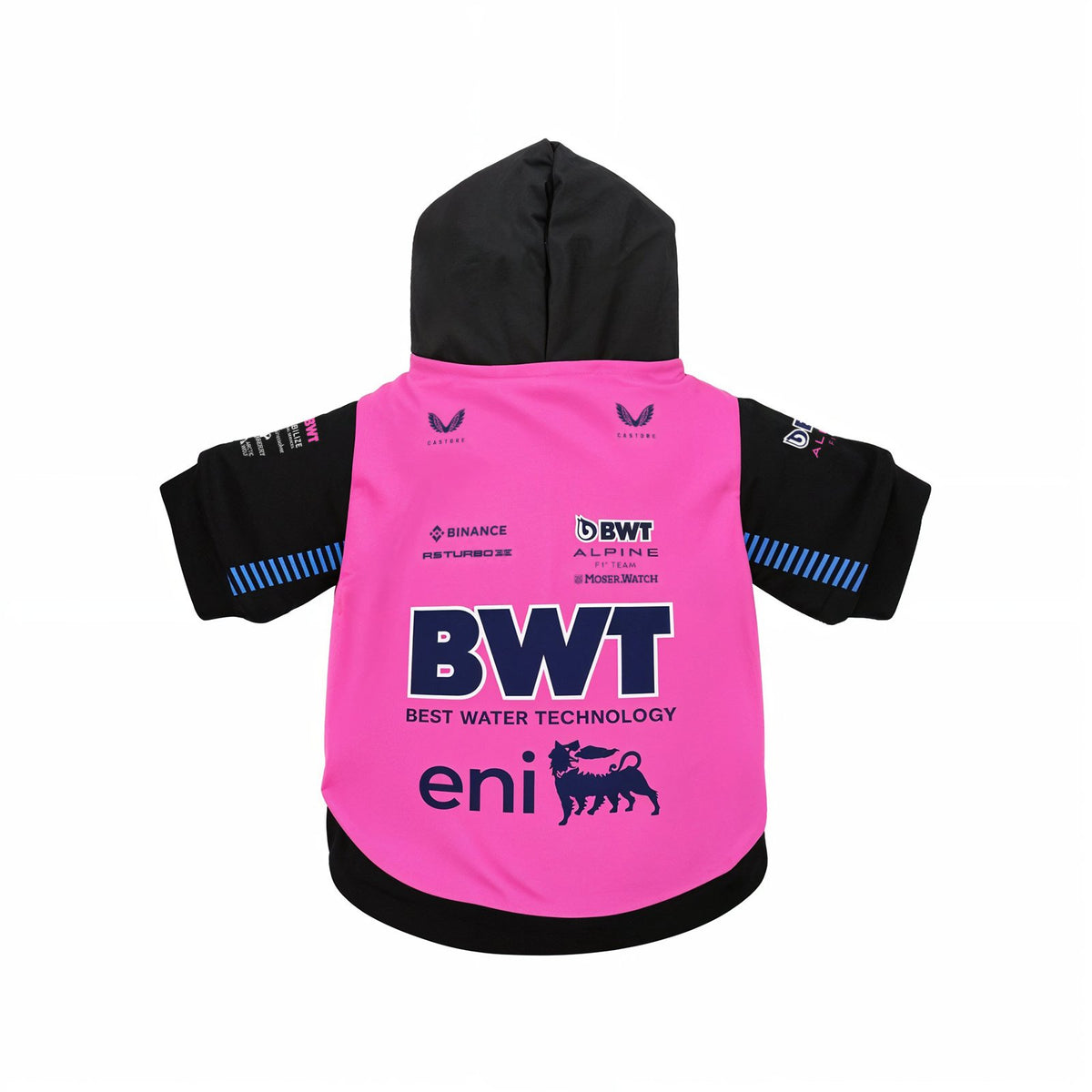 Alpine 2025 BWT F1 pet hoodie back view pink and black with BWT and eni team logos