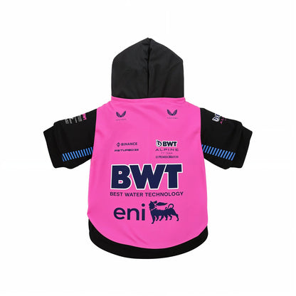 Alpine 2025 BWT F1 pet hoodie back view pink and black with BWT and eni team logos