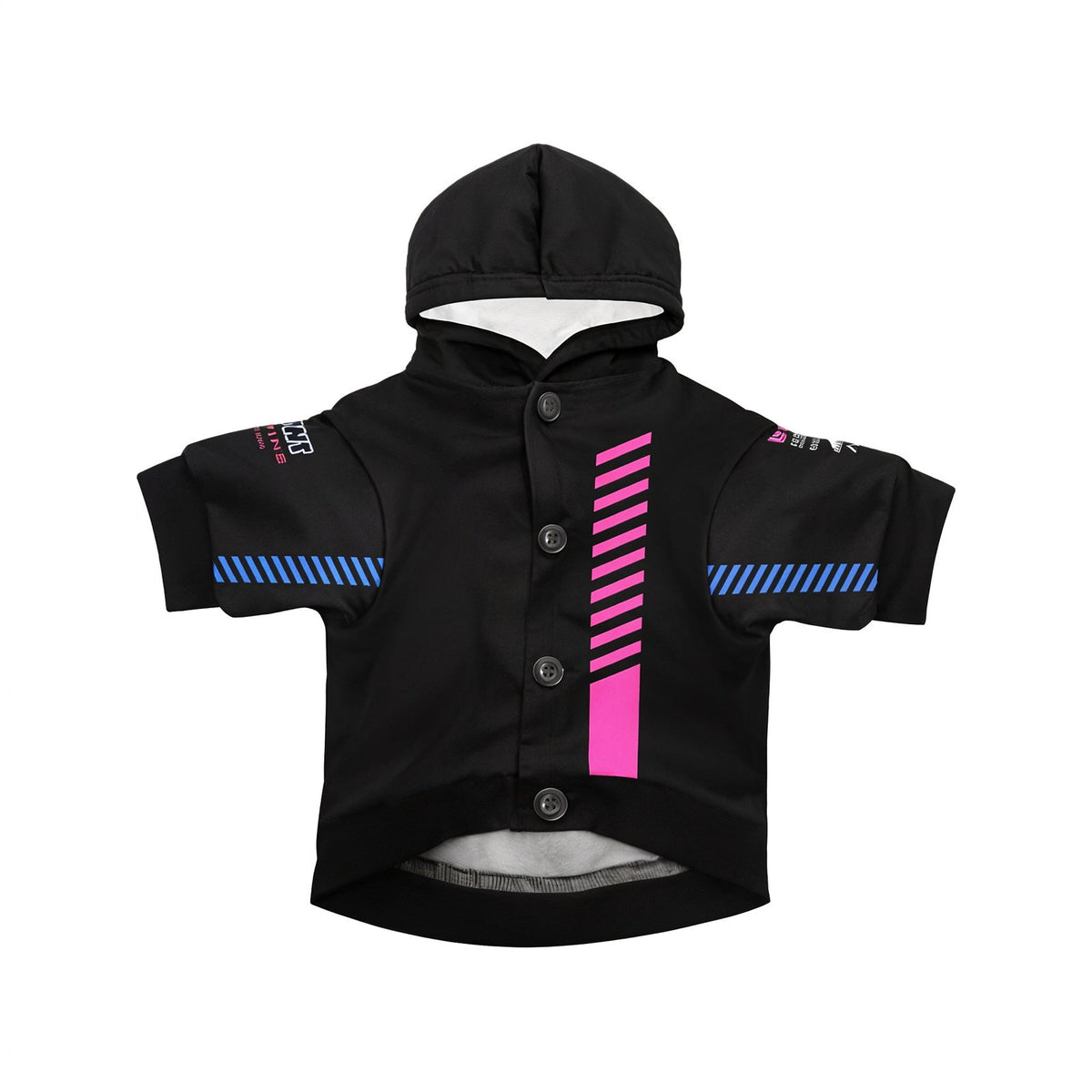 Alpine 2025 BWT F1 pet hoodie front view black with pink and blue racing stripes and hood