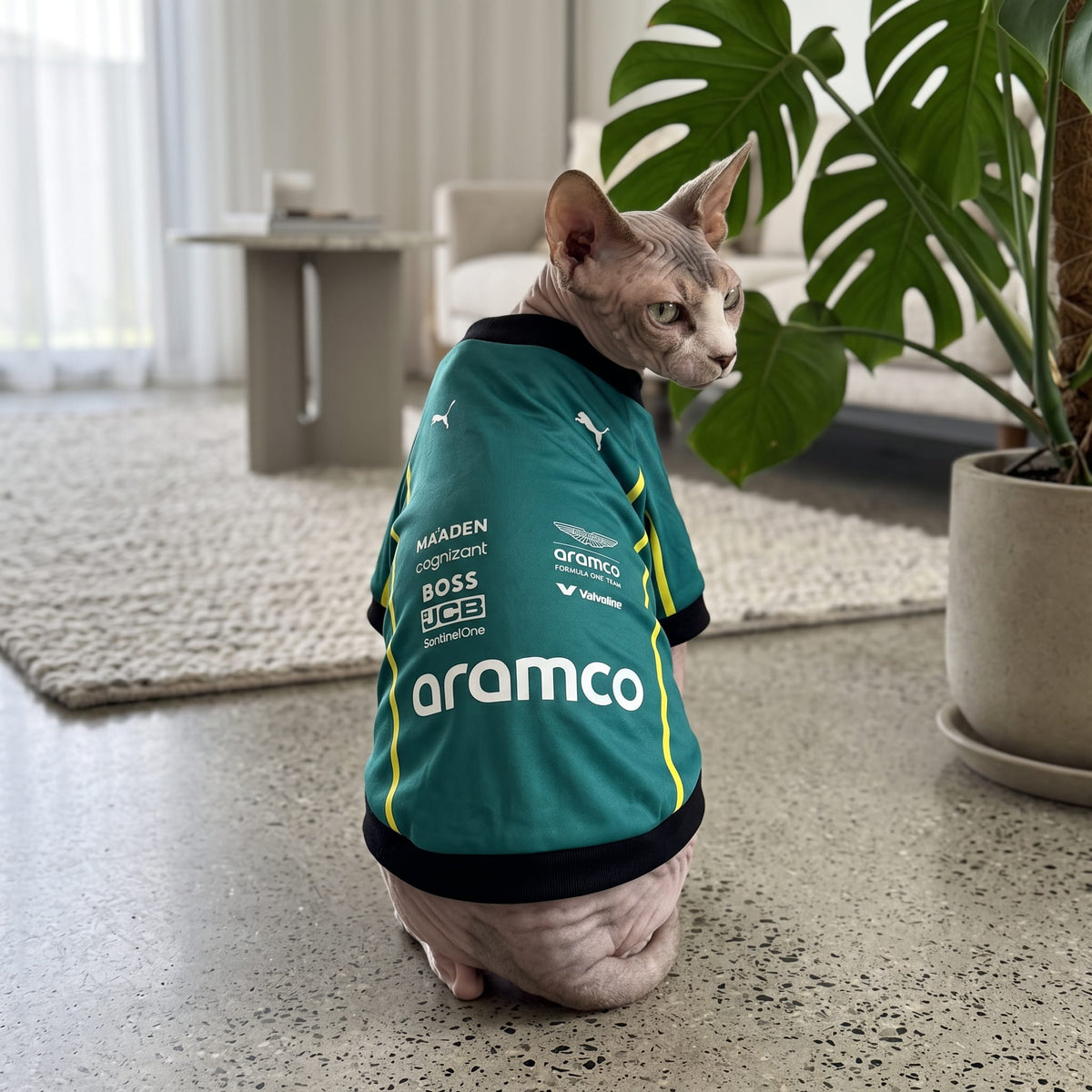 Sphynx cat wearing green Aston Martin Aramco F1 pet shirt back view indoors by monstera plant