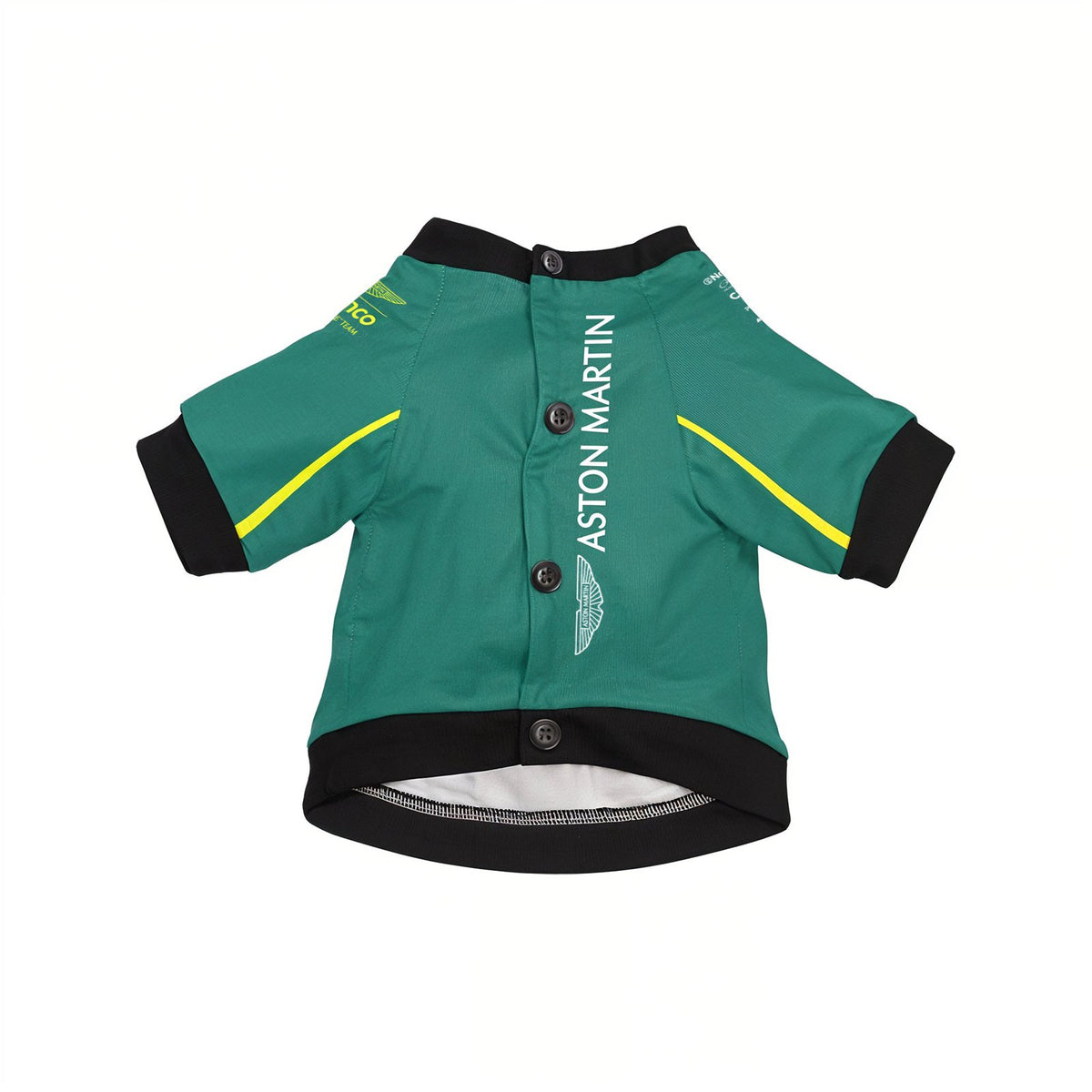 Aston Martin 2025 pet shirt front view flat lay green with buttons and vertical Aston Martin logo