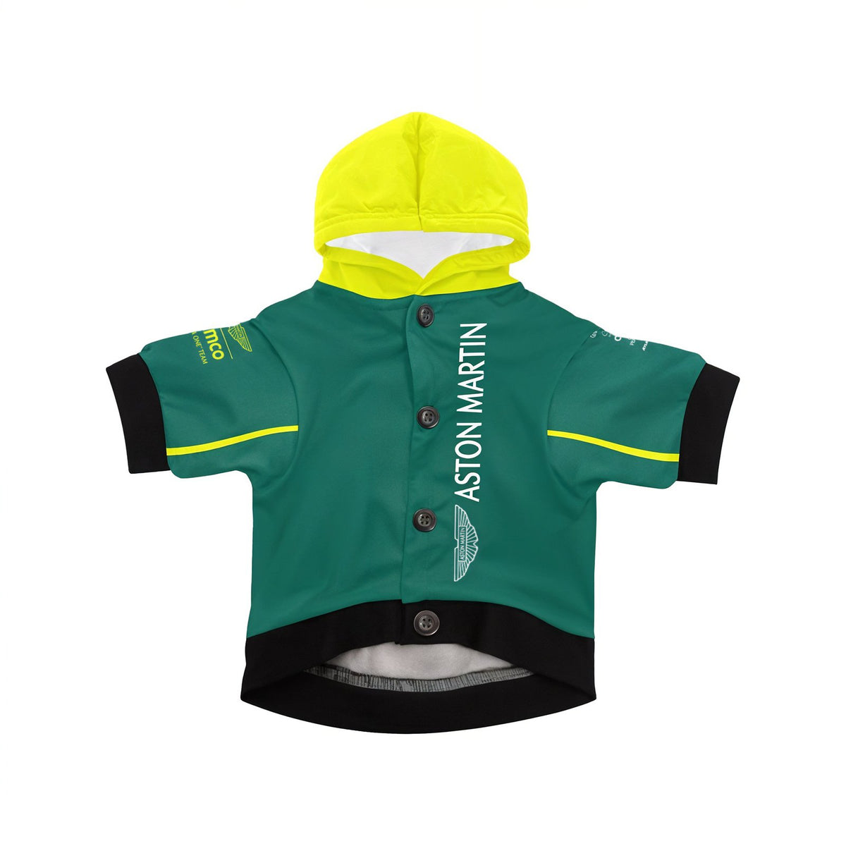 Aston Martin 2025 pet hoodie front view with buttons, yellow hood and vertical Aston Martin logo