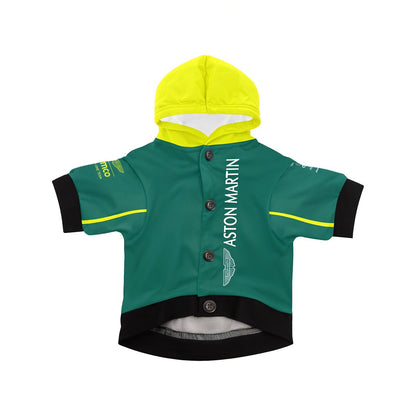 Aston Martin 2025 pet hoodie front view with buttons, yellow hood and vertical Aston Martin logo