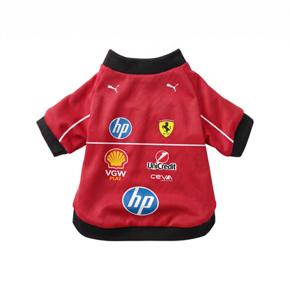 Red Ferrari 2025 F1 pet jersey back view with Puma and team sponsor logos on white background