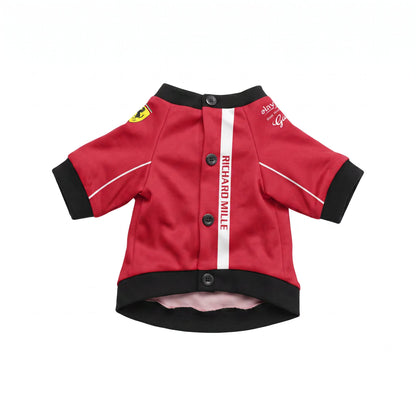 Red Ferrari 2025 F1 pet jersey front view with Ferrari shield buttons and Richard Mille stripe