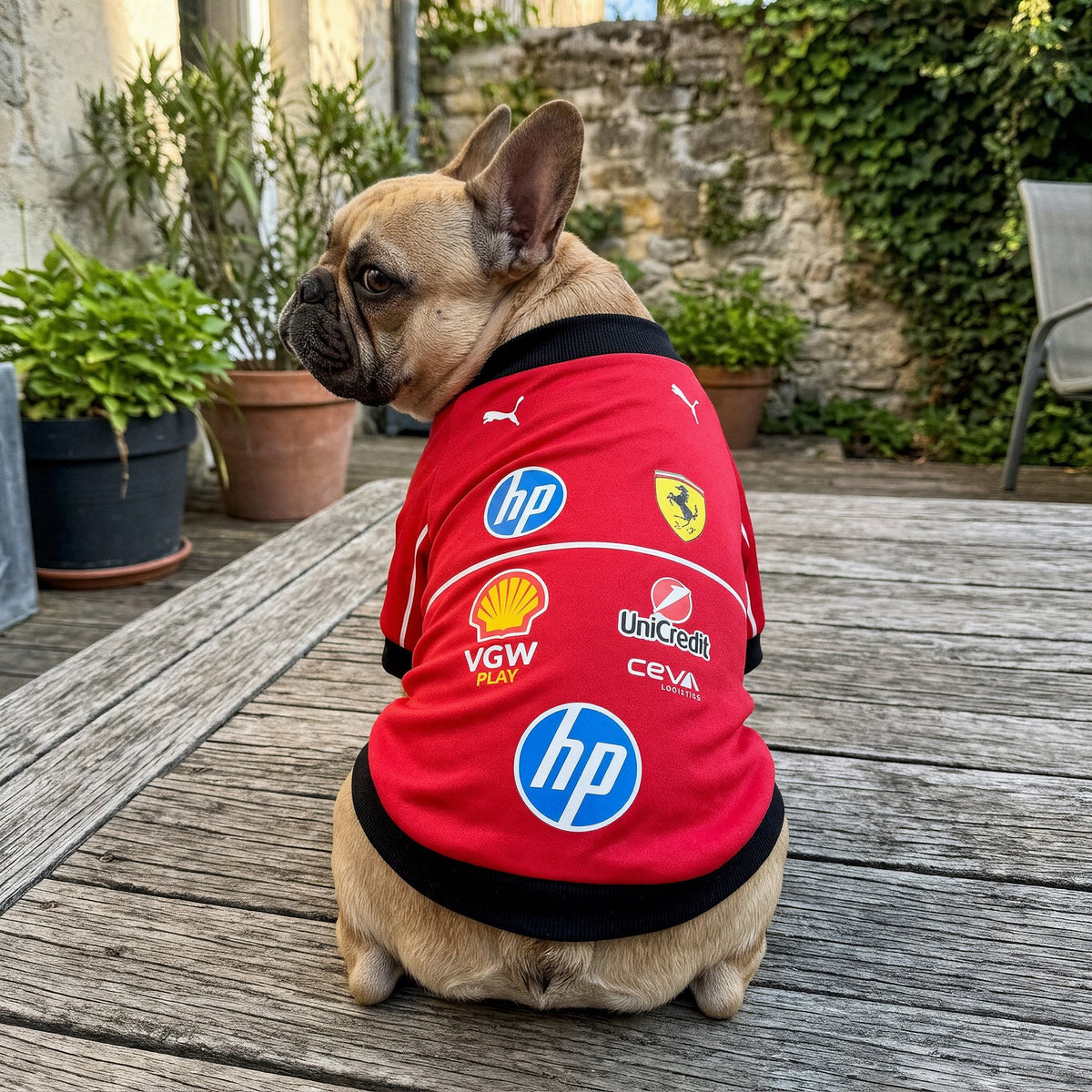 French bulldog in red Ferrari 2025 F1 pet jersey sitting outdoors on garden deck back view