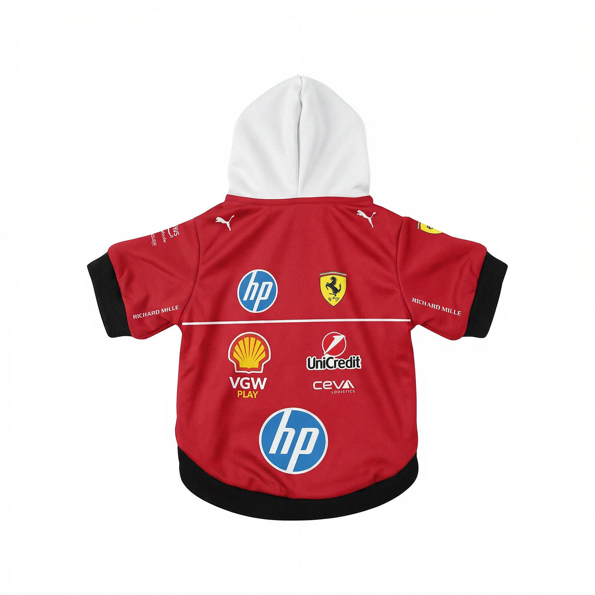 Ferrari 2025 pet hoodie back view red with white hood and HP Shell Ferrari team sponsor logos