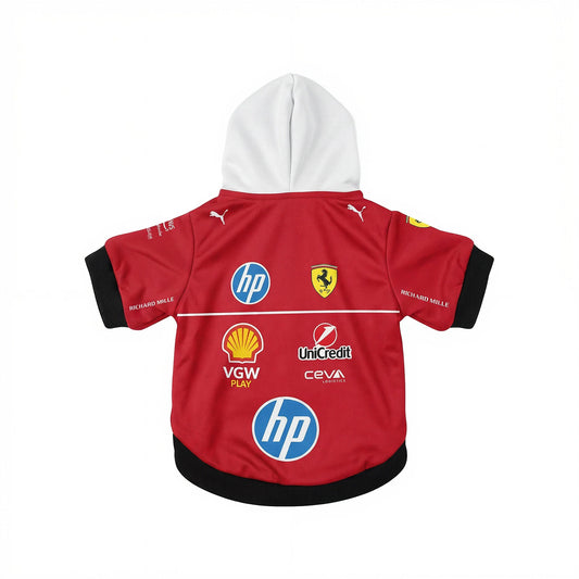 Ferrari 2025 pet hoodie back view red with white hood and HP Shell Ferrari team sponsor logos