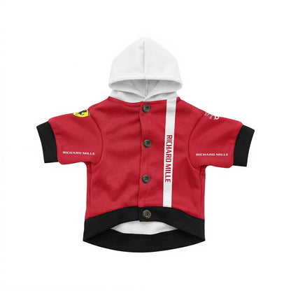 Ferrari 2025 pet hoodie front view red with white hood button placket and Richard Mille sleeve print