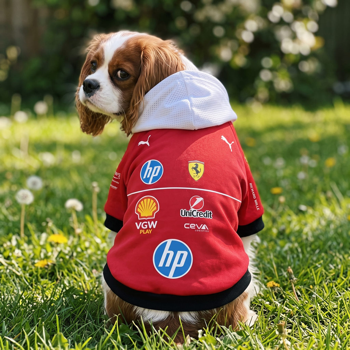 Cavalier spaniel wearing Ferrari 2025 pet hoodie back view on grass with HP Shell and Ferrari logos