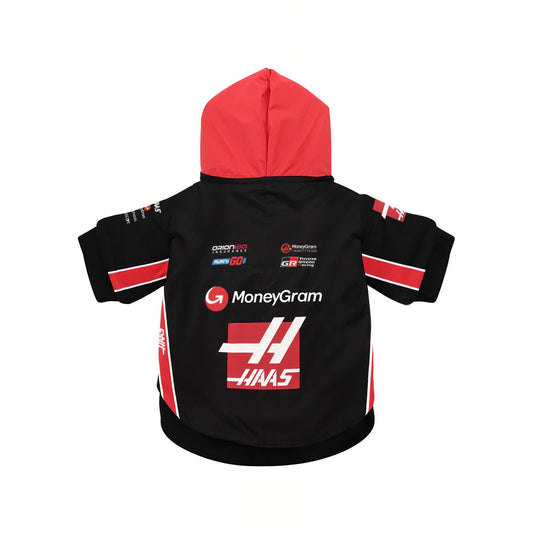 Haas 2025 pet hoodie back view black with red hood MoneyGram and HAAS F1 team logos on white background