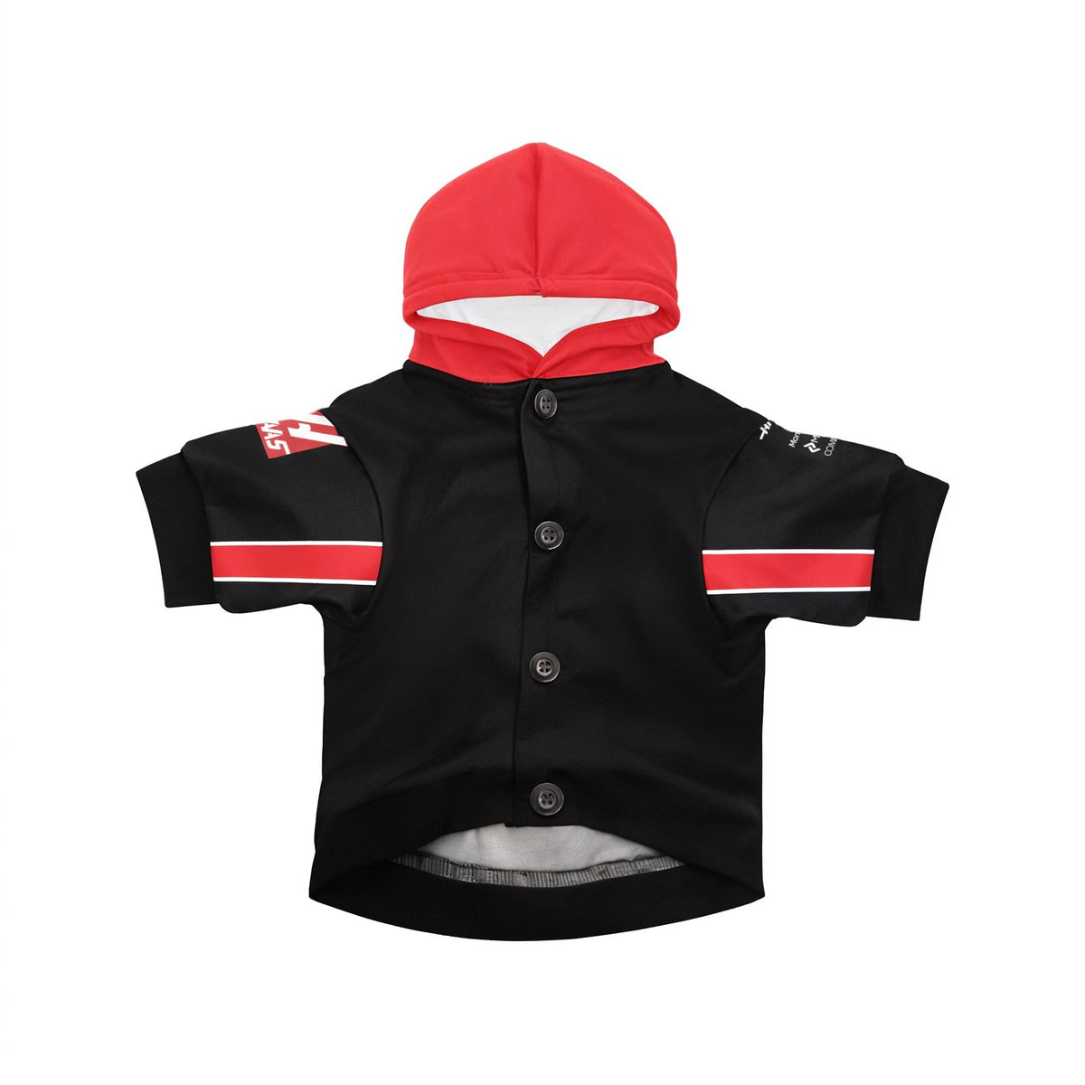 Sphynx cat wearing Haas 2025 pet hoodie back view with red hood and MoneyGram HAAS F1 logos indoors