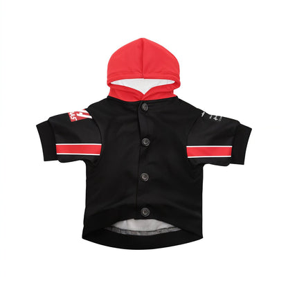 Sphynx cat wearing Haas 2025 pet hoodie back view with red hood and MoneyGram HAAS F1 logos indoors