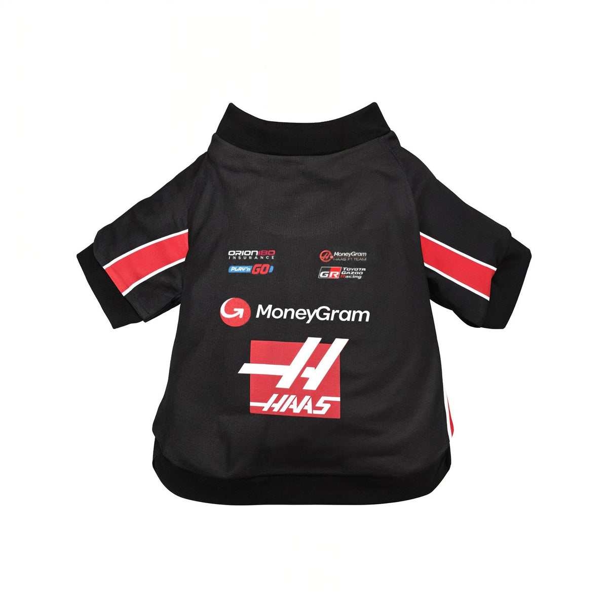 Haas 2025 F1 pet shirt back view flat lay with red HAAS logo and MoneyGram sponsor print