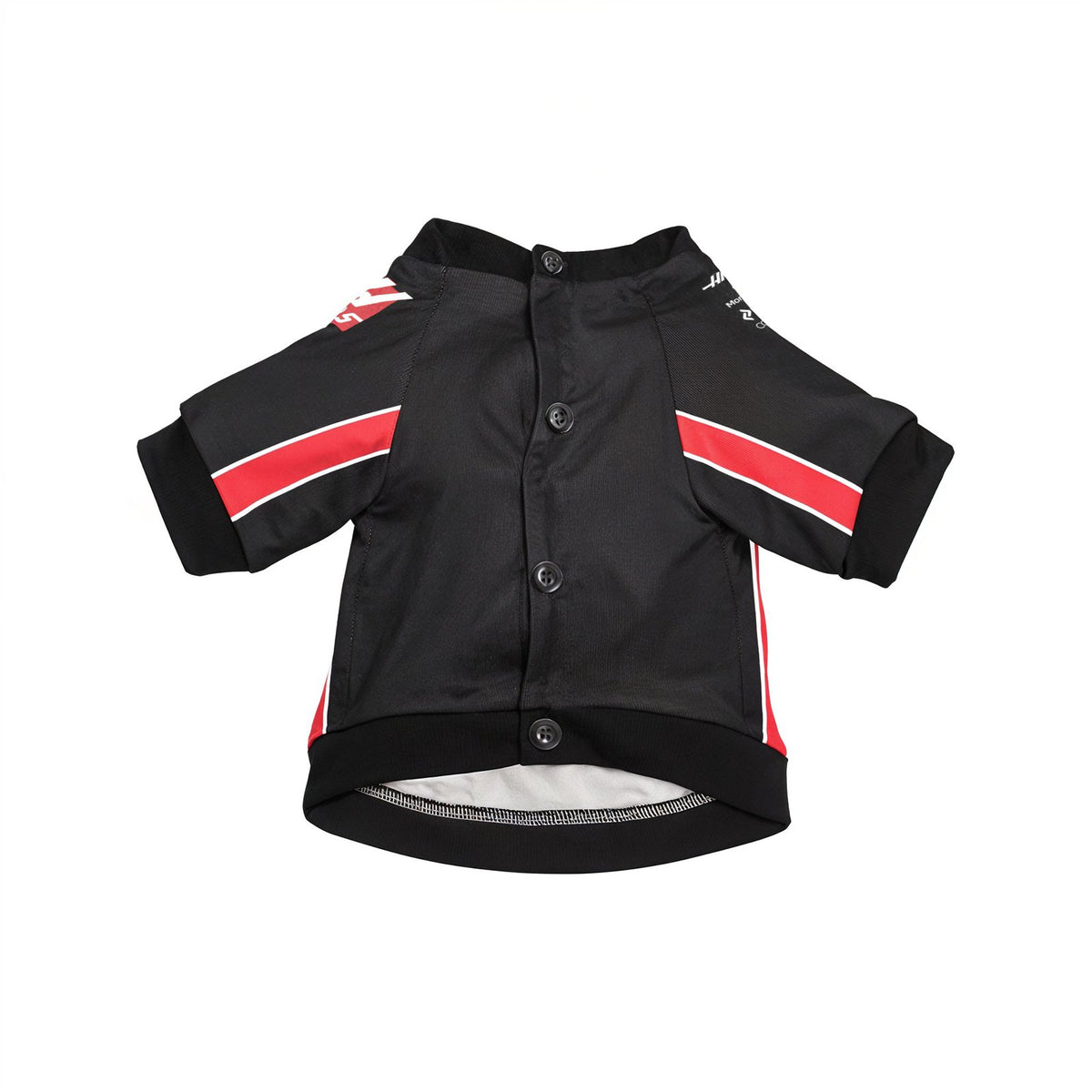 Haas 2025 F1 pet shirt front view flat lay showing button closure and red racing stripes