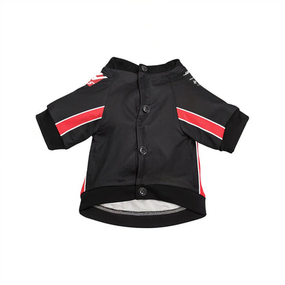 Haas 2025 F1 pet shirt front view flat lay showing button closure and red racing stripes