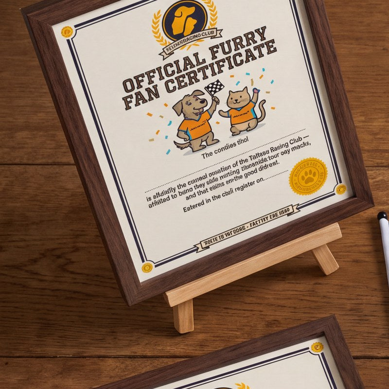 TailTees free bonuses - framed Furry Fan Certificate, Coming Soon cards and a personalised team hoodie on a wooden table
