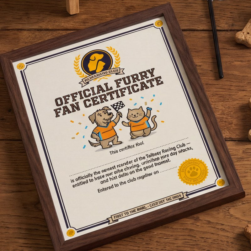 TailTees free bonuses - framed Furry Fan Certificate, Coming Soon cards and a personalised team hoodie on a wooden table