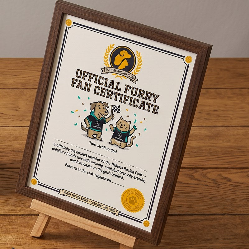 TailTees free bonuses - framed Furry Fan Certificate, Coming Soon cards and a personalised team hoodie on a wooden table