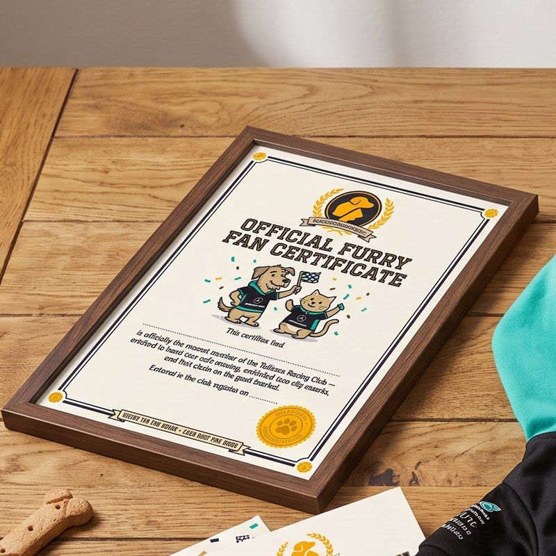 TailTees free bonuses - framed Furry Fan Certificate, Coming Soon cards and a personalised team hoodie on a wooden table