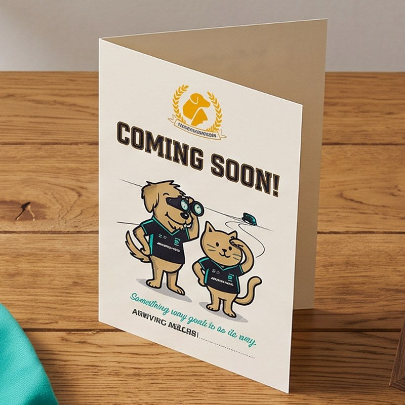 TailTees free bonuses - framed Furry Fan Certificate, Coming Soon cards and a personalised team hoodie on a wooden table