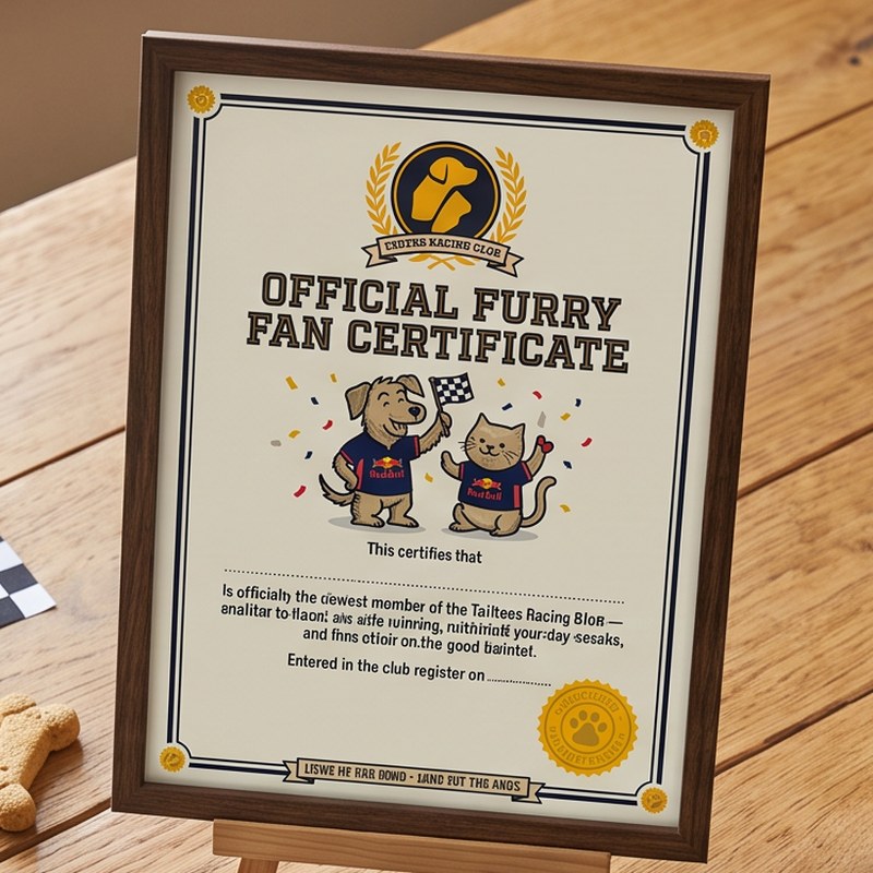 TailTees free bonuses - framed Furry Fan Certificate, Coming Soon cards and a personalised team hoodie on a wooden table