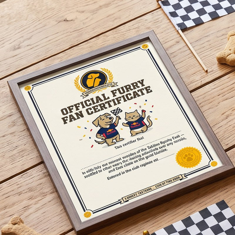 TailTees free bonuses - framed Furry Fan Certificate, Coming Soon cards and a personalised team hoodie on a wooden table