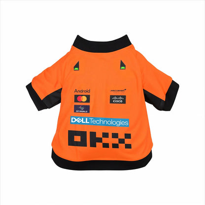 McLaren 2025 F1 orange pet jersey back flat lay with OKX Dell and McLaren team sponsor logos