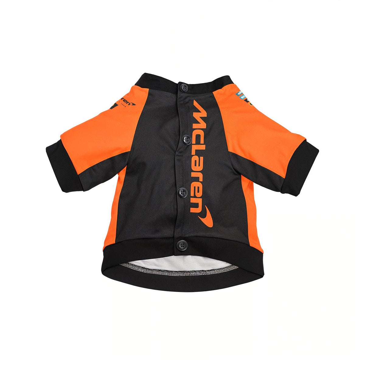 McLaren 2025 F1 pet jersey front flat lay with vertical McLaren logo and button closure