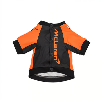 McLaren 2025 F1 pet jersey front flat lay with vertical McLaren logo and button closure