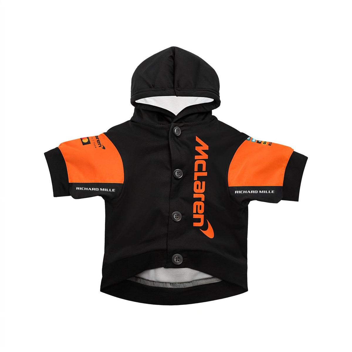 McLaren 2025 F1 pet hoodie front view black orange with McLaren logo and button front product shot