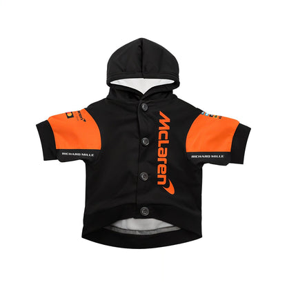 McLaren 2025 F1 pet hoodie front view black orange with McLaren logo and button front product shot