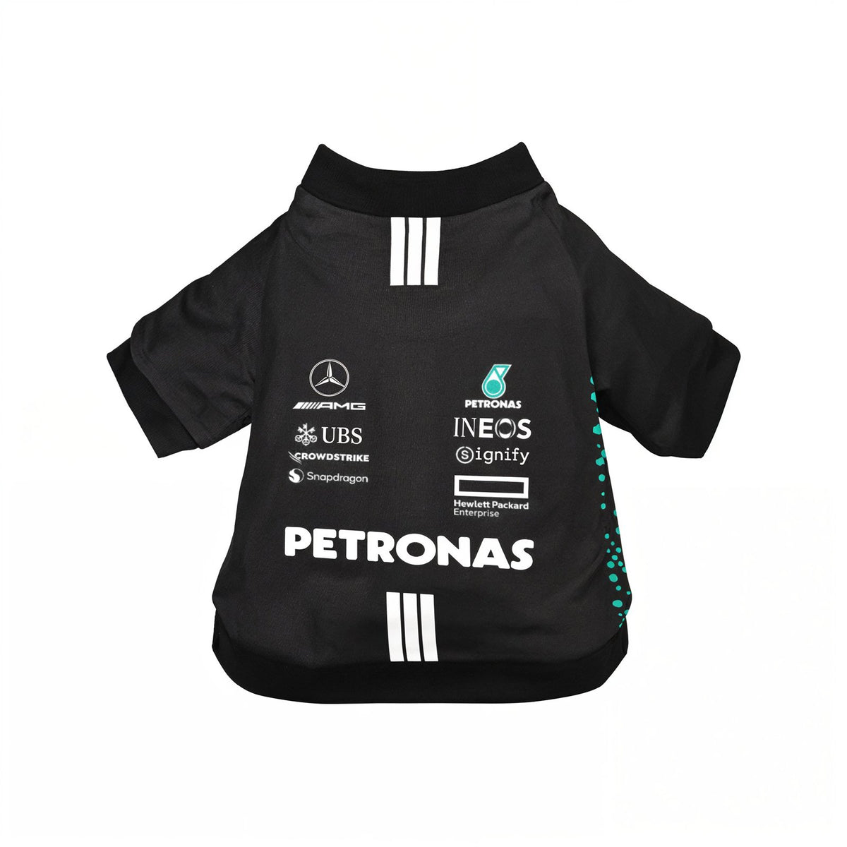 Mercedes 2025 AMG Petronas F1 pet shirt back view with sponsor logos on white background