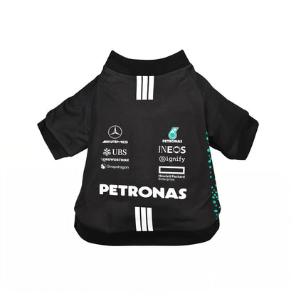Mercedes 2025 AMG Petronas F1 pet shirt back view with sponsor logos on white background