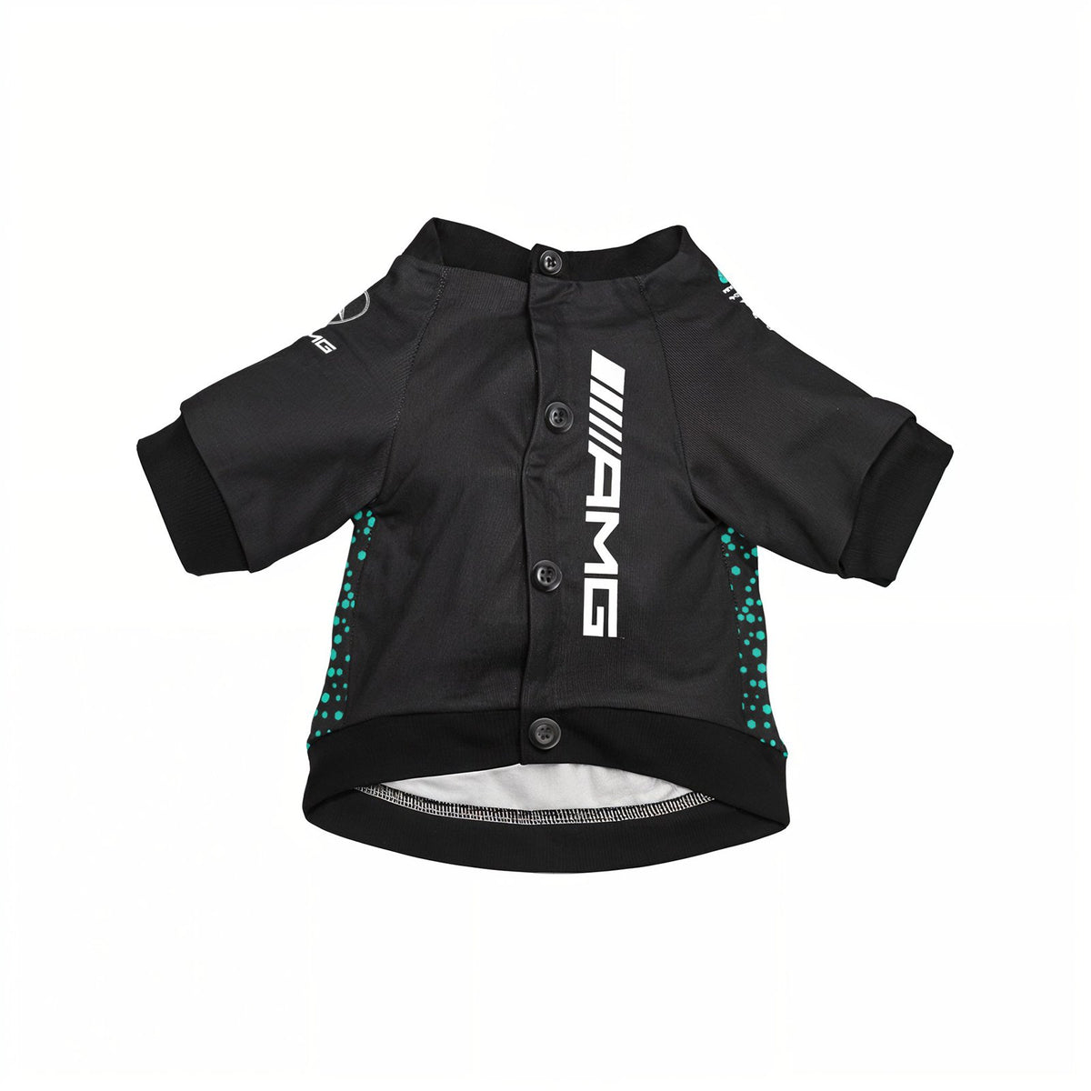 Mercedes 2025 AMG Petronas F1 pet shirt front view with buttons and AMG logo on white background