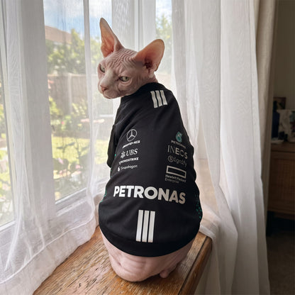 Sphynx cat wearing Mercedes 2025 AMG Petronas F1 pet shirt by window back view with logos